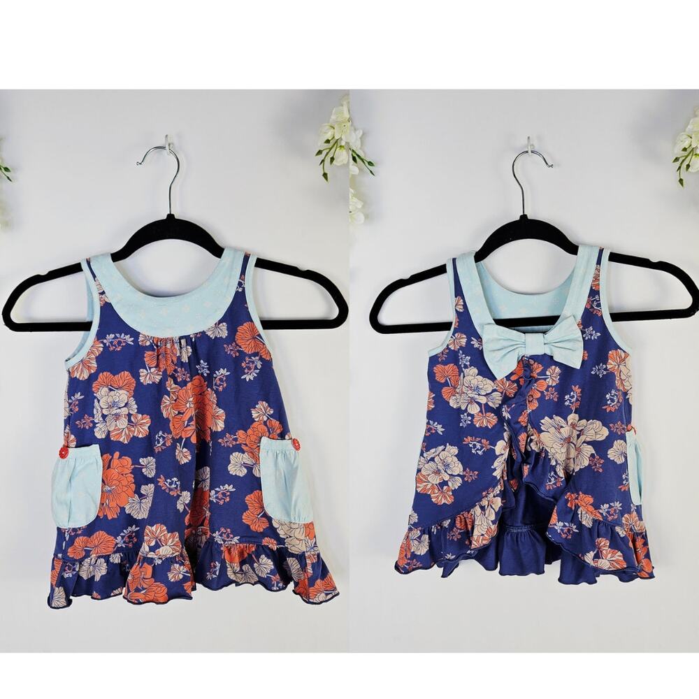 Matilda Jane Girls Tunic Top Size 4 Blue Floral Bow Ruffle Pockets Sleeveless